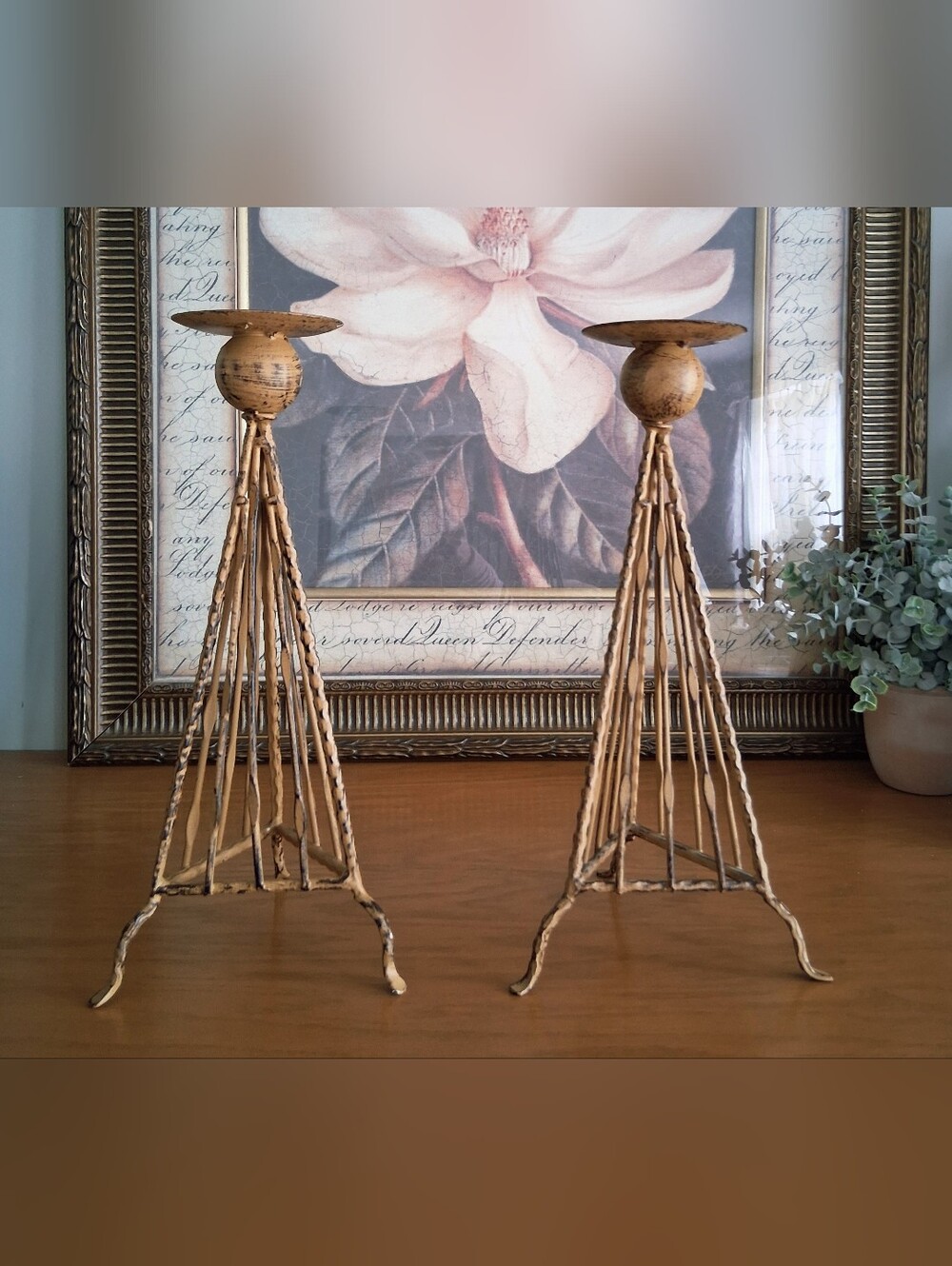 Distressed/rustic set of 2 Iron Candle Holders, 15" Golden Brown color.